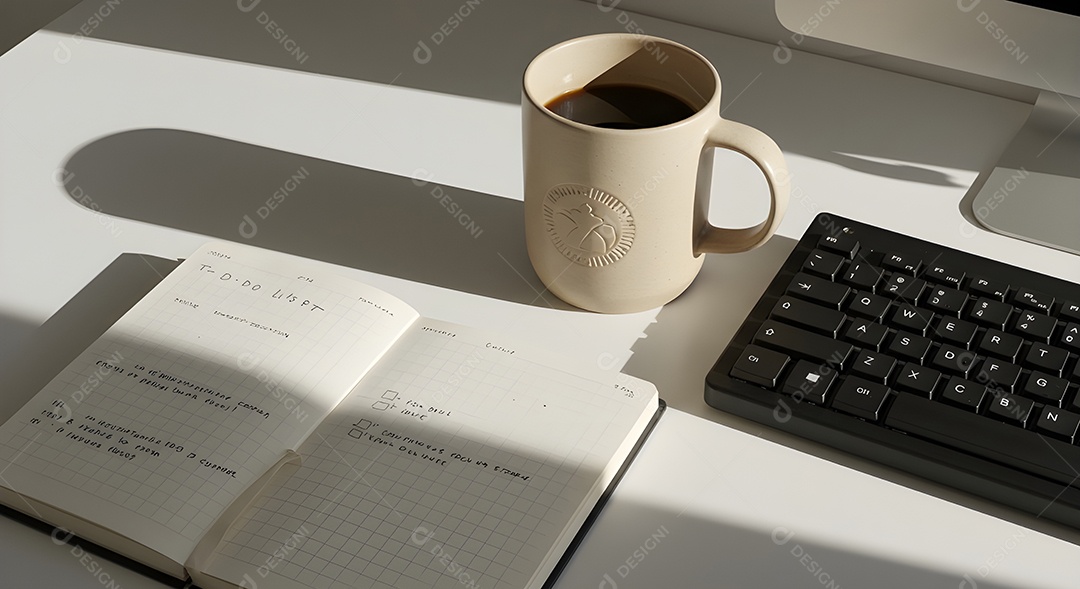 Imagem mostra uma mesa de trabalho ou estudo organizada