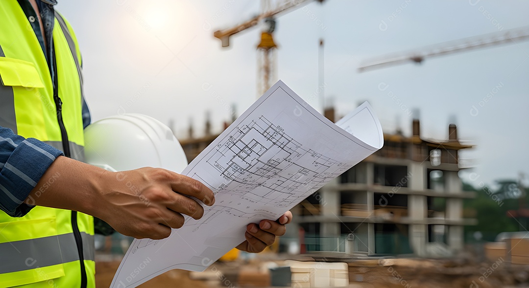 Imagem mostra um engenheiro ou trabalhador da construção civil em um canteiro de obras