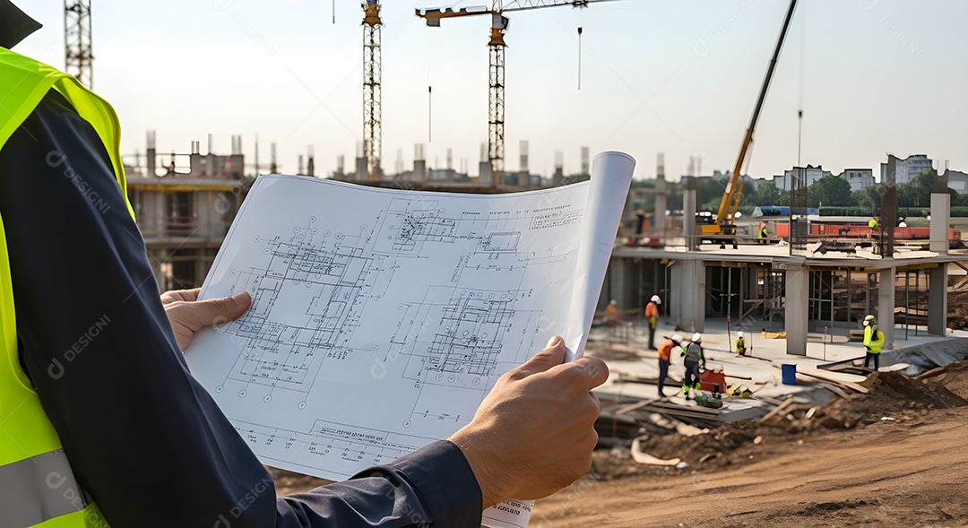 Imagem mostra um engenheiro ou trabalhador da construção civil em um canteiro de obras