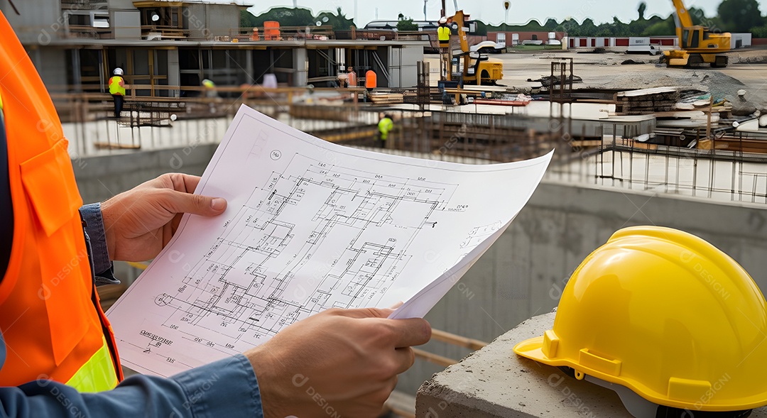 Imagem mostra um engenheiro ou trabalhador da construção civil em um canteiro de obras