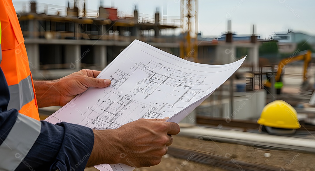 Imagem mostra um engenheiro ou trabalhador da construção civil em um canteiro de obras