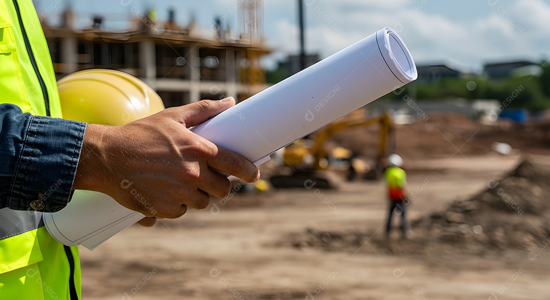 Imagem mostra um engenheiro ou trabalhador da construção civil em um canteiro de obras