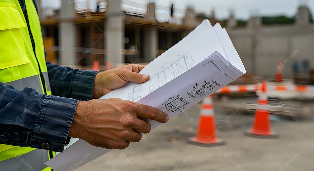 Imagem mostra um engenheiro ou trabalhador da construção civil em um canteiro de obras