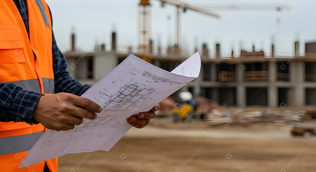 Imagem mostra um engenheiro ou trabalhador da construção civil em um canteiro de obras