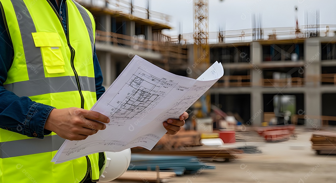 Imagem mostra um engenheiro ou trabalhador da construção civil em um canteiro de obras