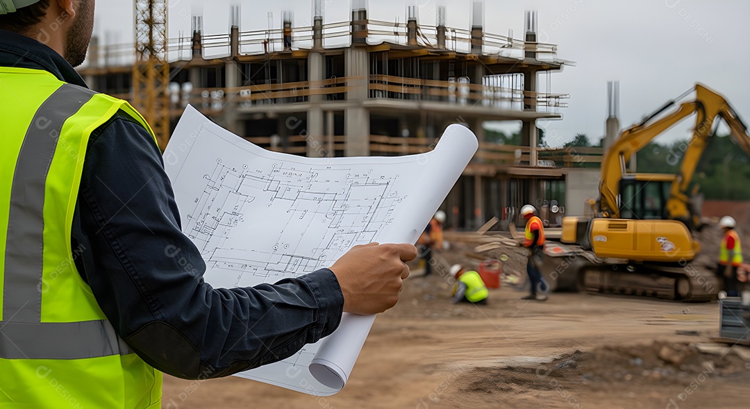 Imagem mostra um engenheiro ou trabalhador da construção civil em um canteiro de obras