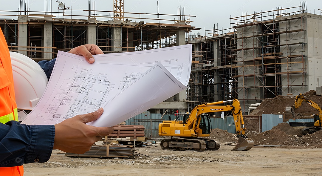 Imagem mostra um engenheiro ou trabalhador da construção civil em um canteiro de obras