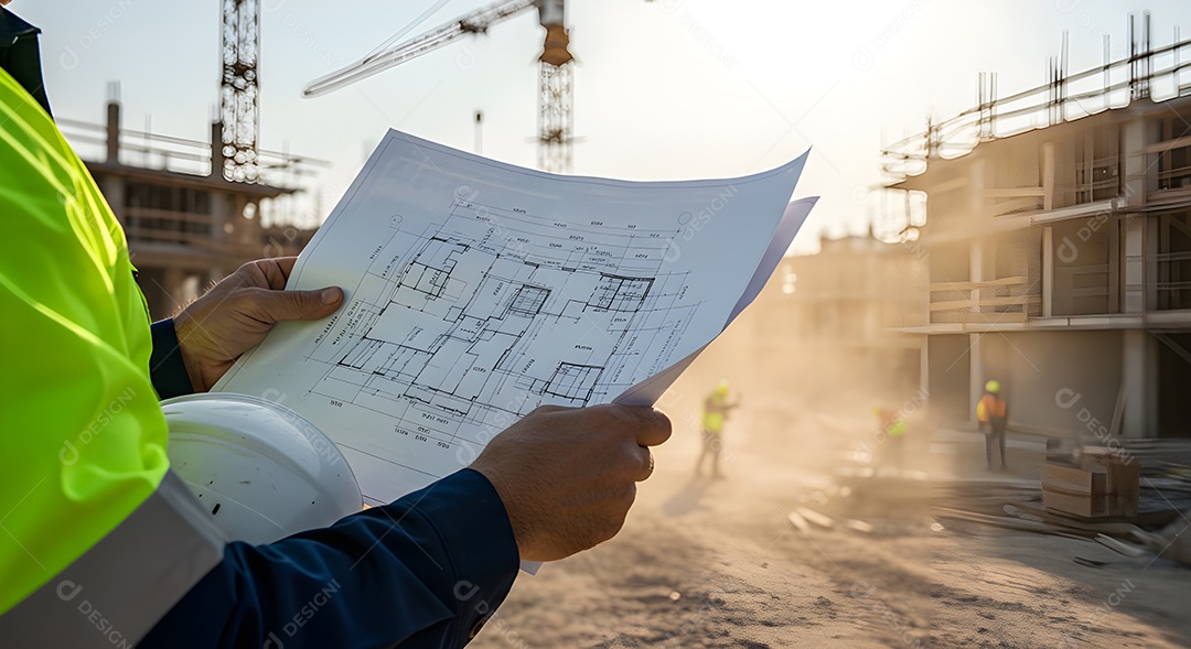 Imagem mostra um engenheiro ou trabalhador da construção civil em um canteiro de obras