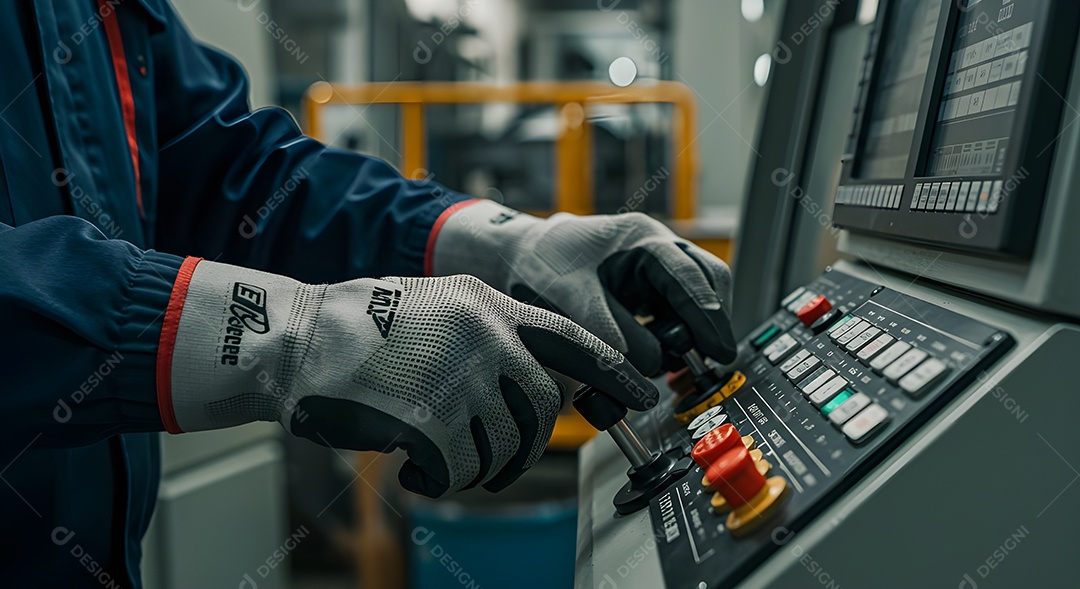 Imagem mostra uma pessoa operando um painel de controle de uma máquina ou equipamento industrial