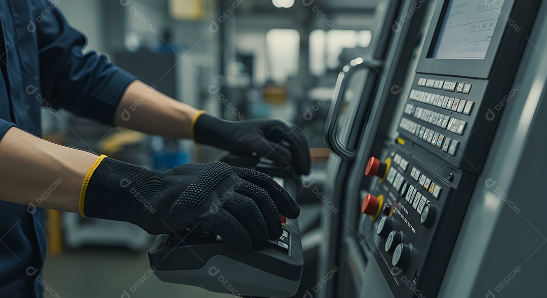 Imagem mostra uma pessoa operando um painel de controle de uma máquina ou equipamento industrial