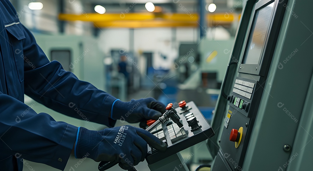 Imagem mostra uma pessoa operando um painel de controle de uma máquina ou equipamento industrial