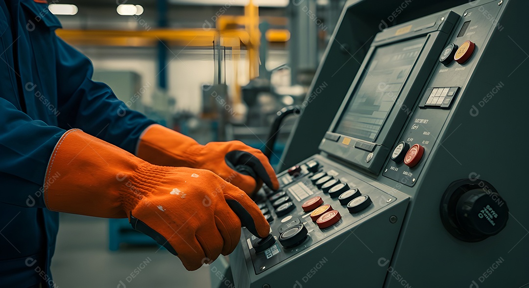 Imagem mostra uma pessoa operando um painel de controle de uma máquina ou equipamento industrial