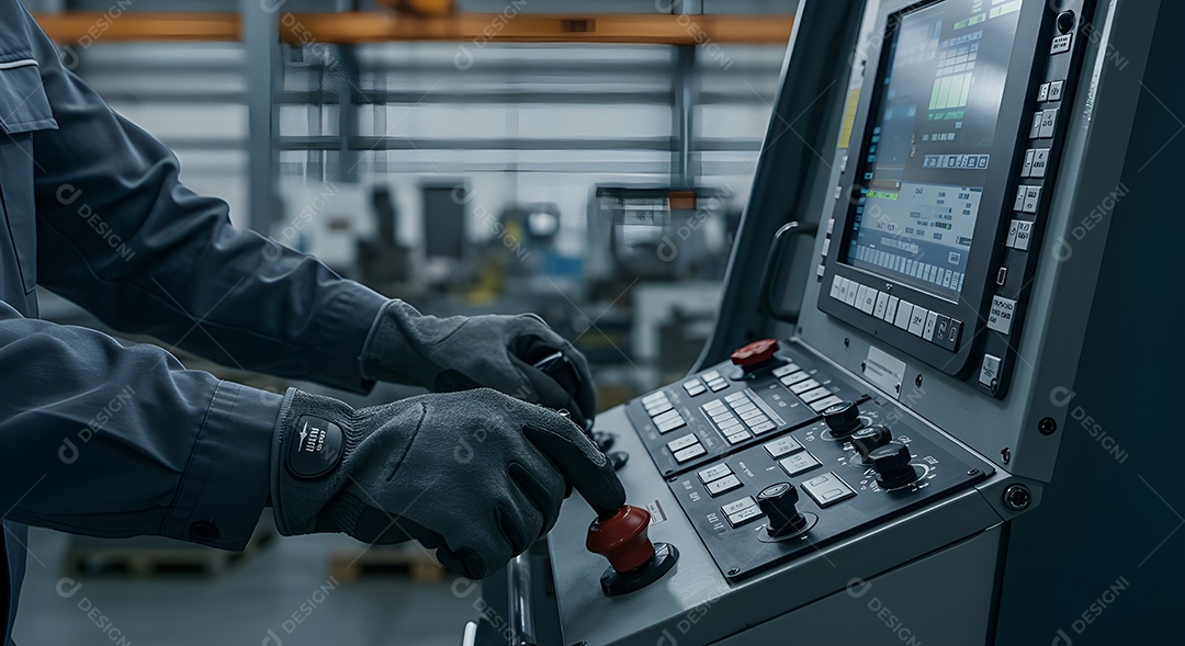 Imagem mostra uma pessoa operando um painel de controle de uma máquina ou equipamento industrial