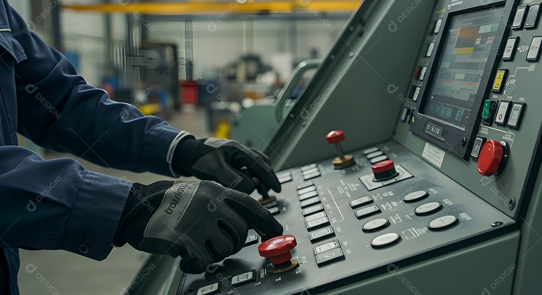 Imagem mostra uma pessoa operando um painel de controle de uma máquina ou equipamento industrial