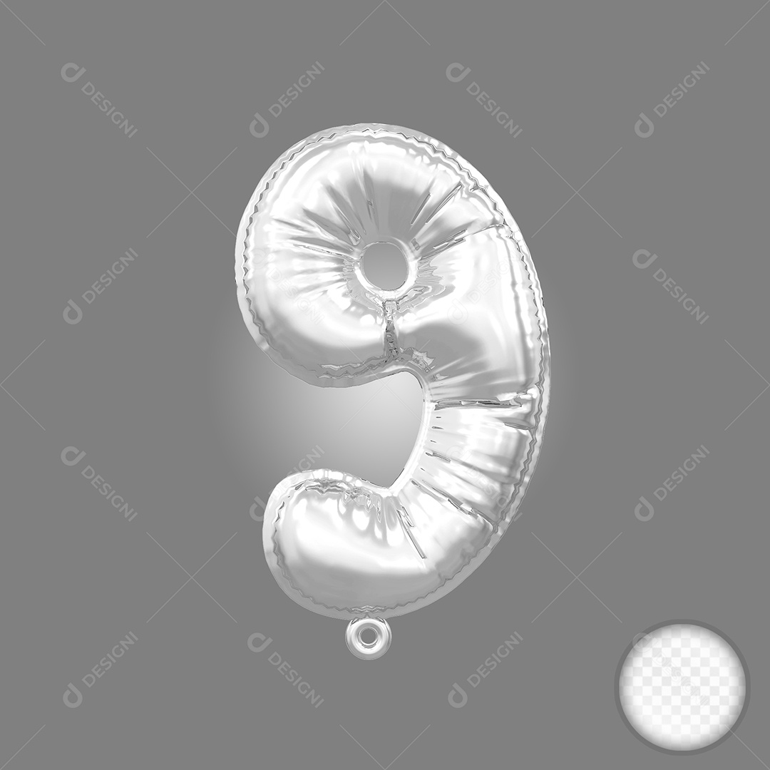 Elemento 3D Balão Número 9 Prata Para Composição PSD