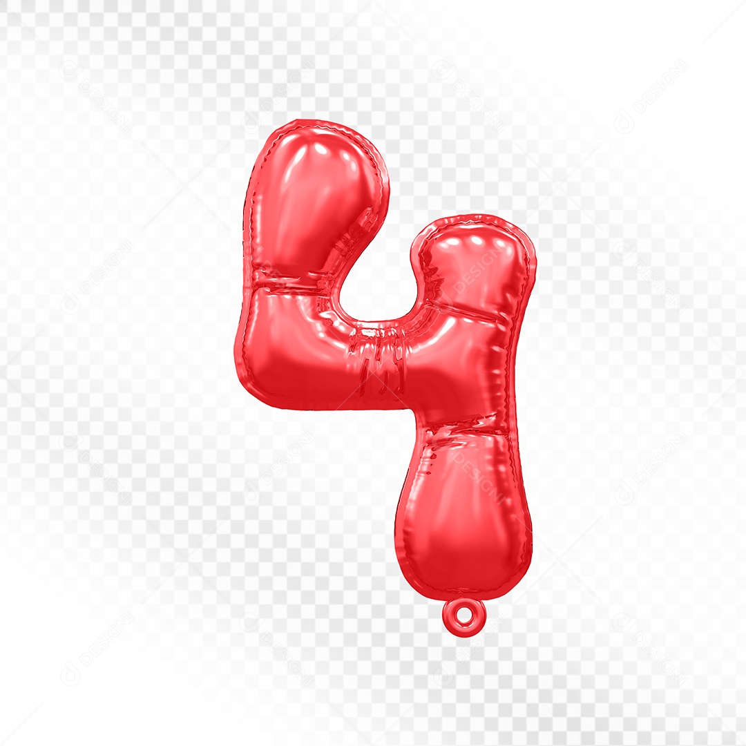 Elemento 3D Balão Número 4 Vermelho Para Composição PSD