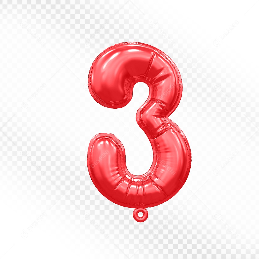 Elemento 3D Balão Número 3 Vermelho Para Composição PSD