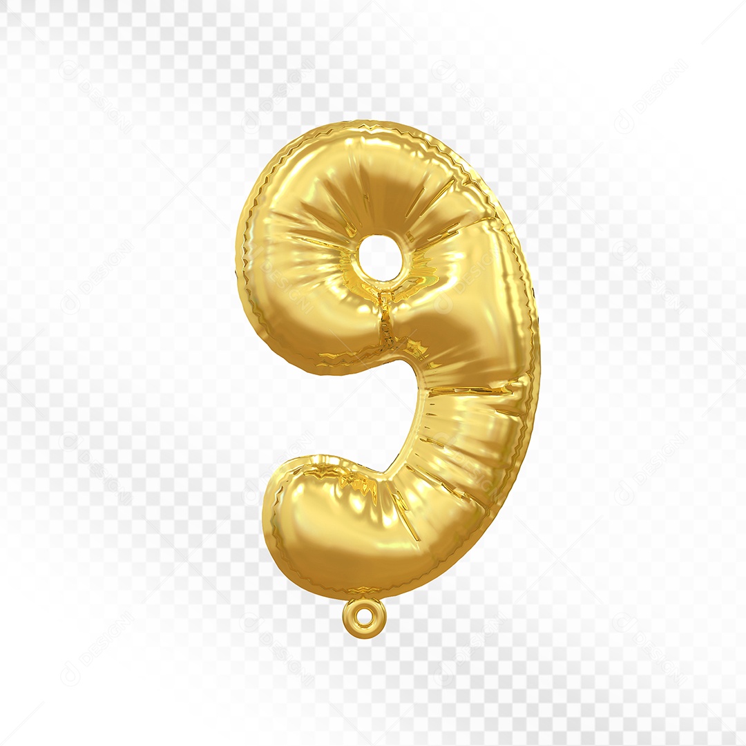 Elemento 3D Balão Número 9 Dourado Para Composição PSD