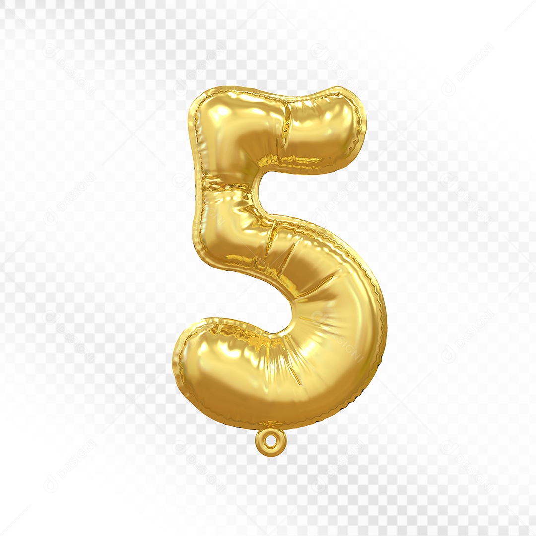 Elemento 3D Balão Número 5 Dourado Para Composição PSD