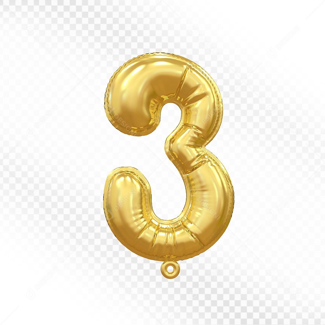 Elemento 3D Balão Número 3 Dourado Para Composição PSD