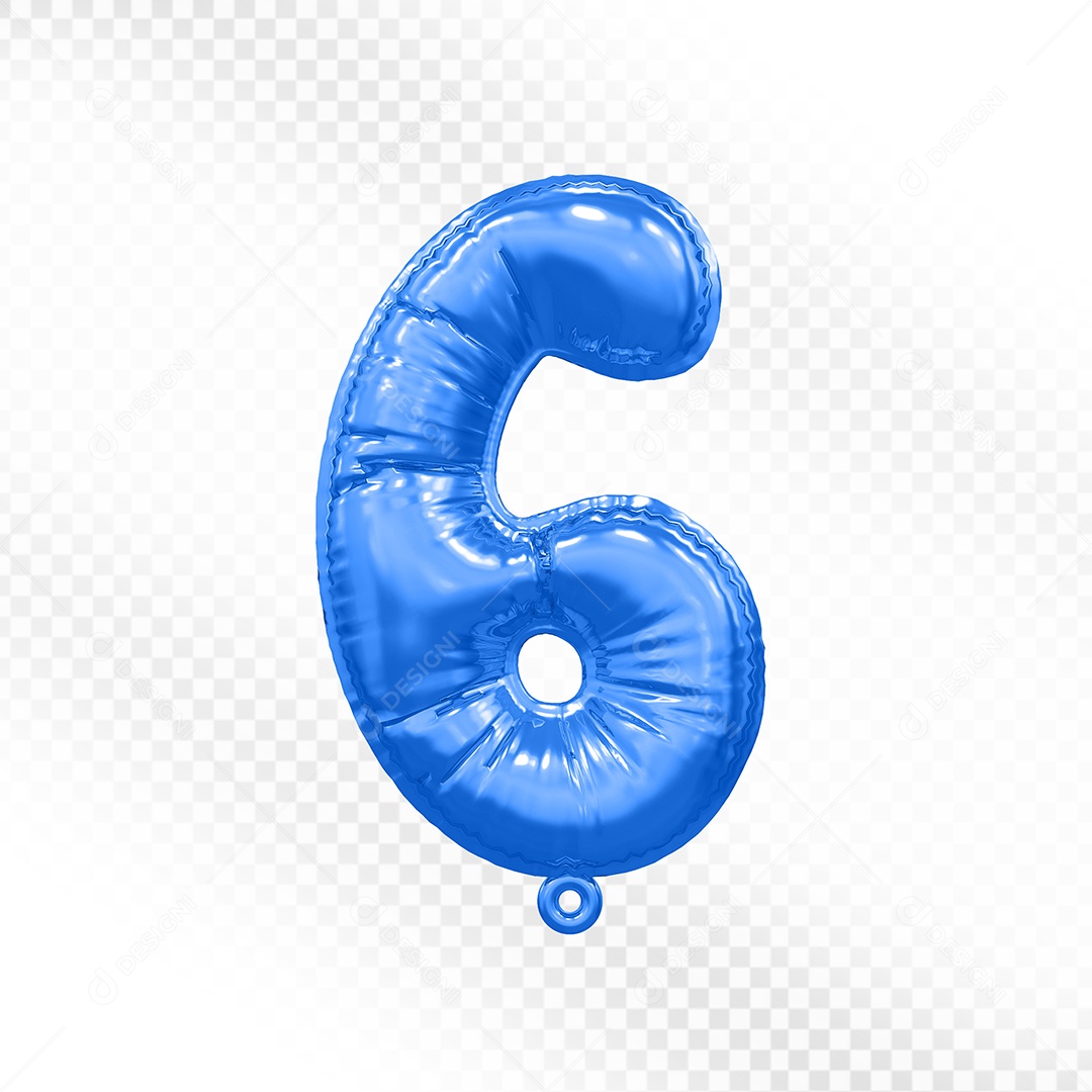 Balão de Número 6 Azul Elemento 3D Para Composição PSD