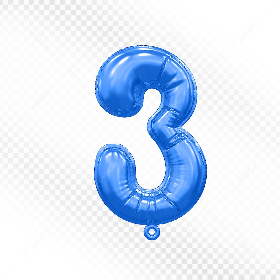 Balão de Número 3$ Azul Elemento 3D  Para Composição PSD