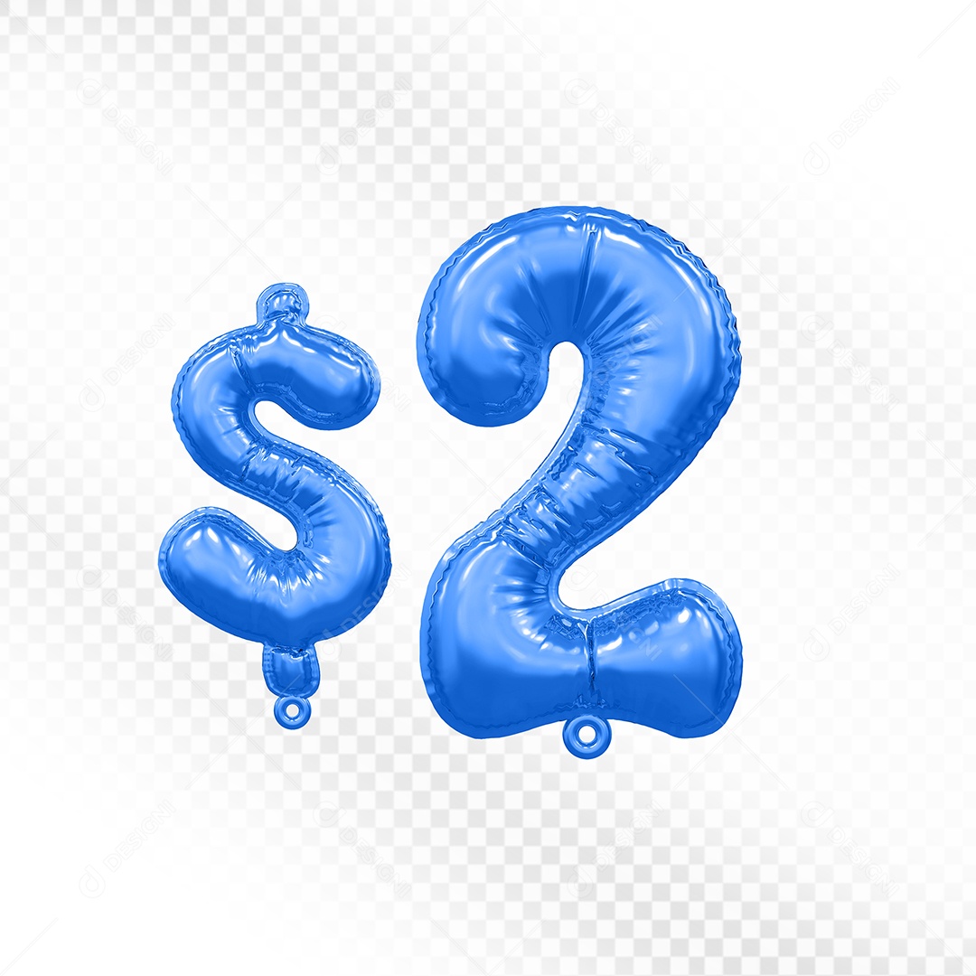Balão de Número 2$ Azul Elemento 3D  Para Composição PSD