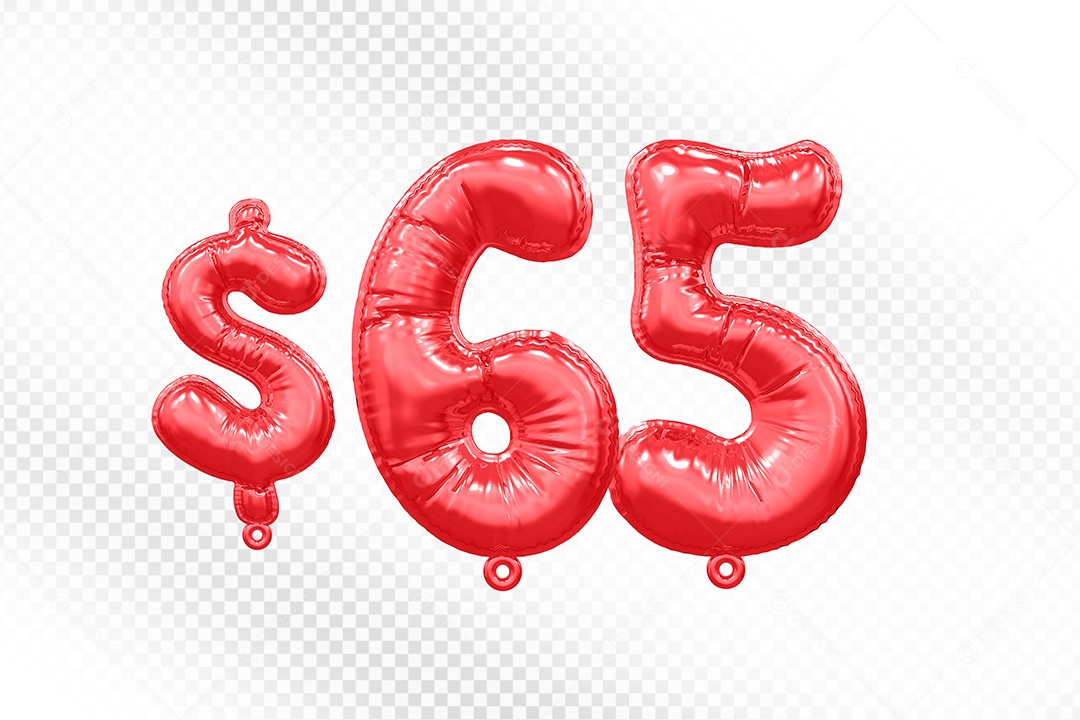 Balão de Número 65$ Vermelho Elemento 3D  Para Composição PSD