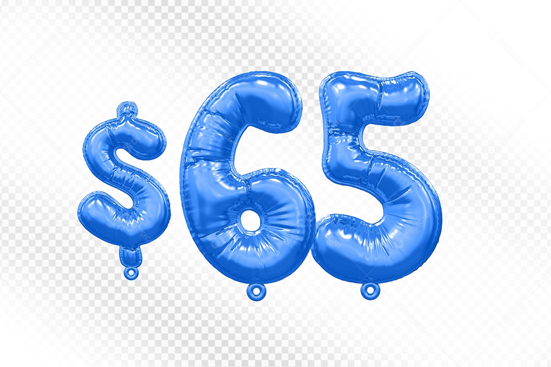Balão de Número 65$ Azul Elemento 3D  Para Composição PSD