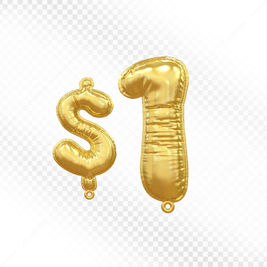 Balão de Número 1$ Dourado Elemento 3D Para Composição PSD