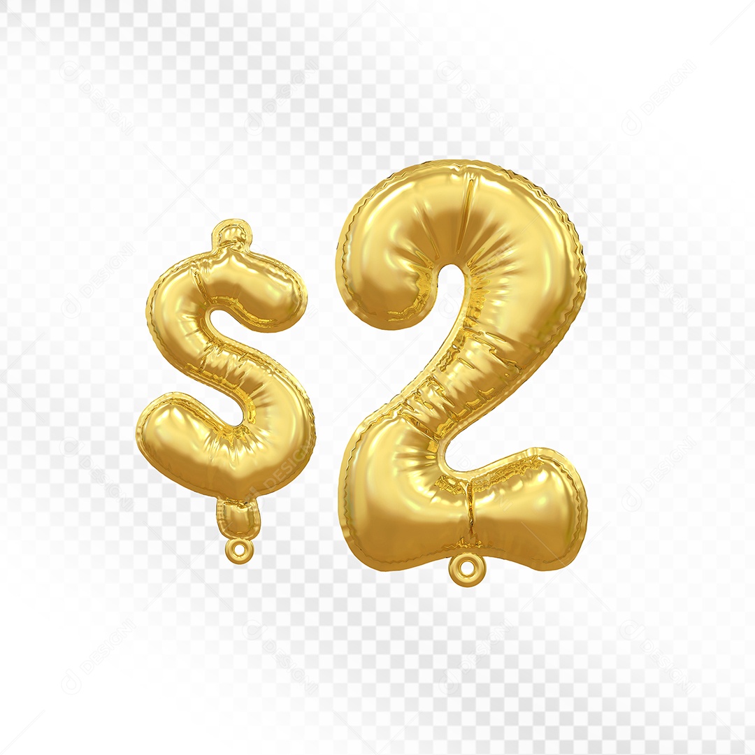 Balão de Número 2$ Dourado Elemento 3D Para Composição PSD