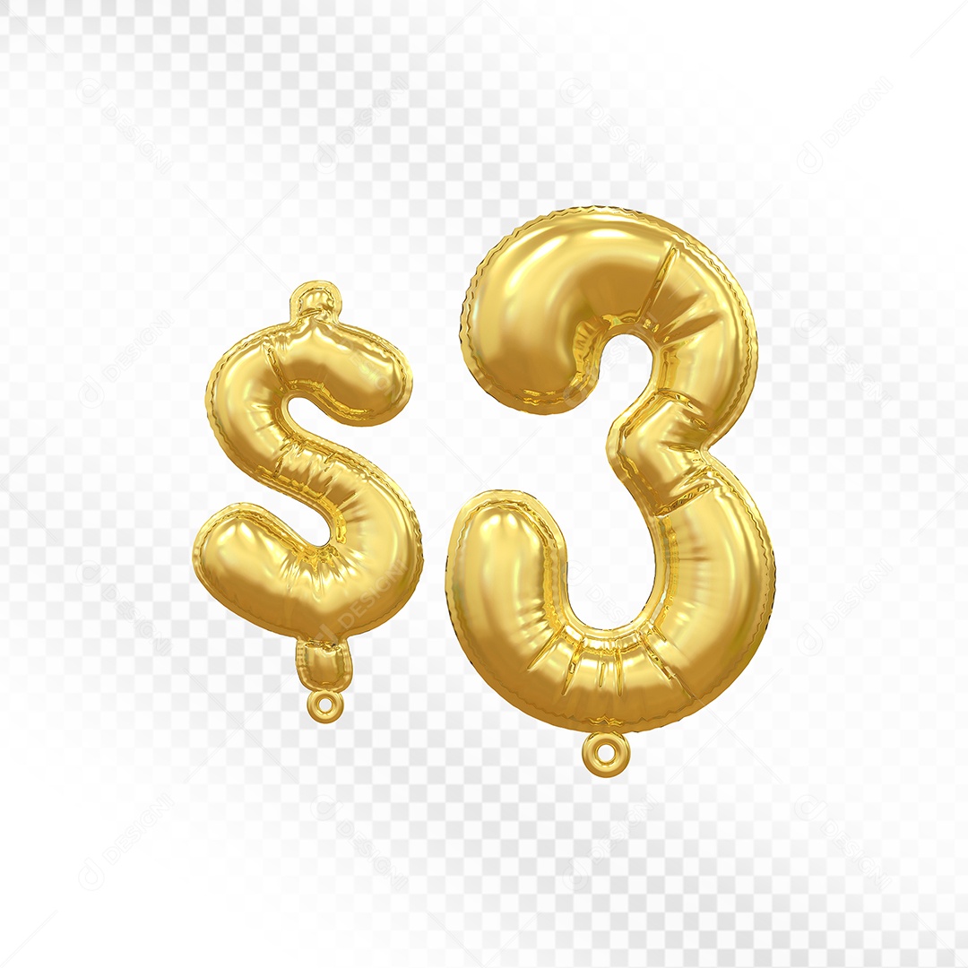 Balão de Número 3$ Dourado Elemento 3D Para Composição PSD