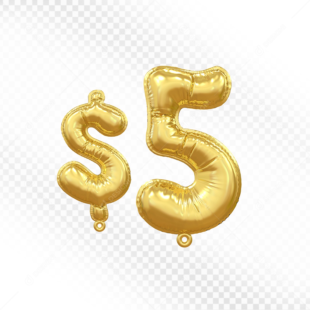 Balão de Número 5$ Dourado Elemento 3D Para Composição PSD