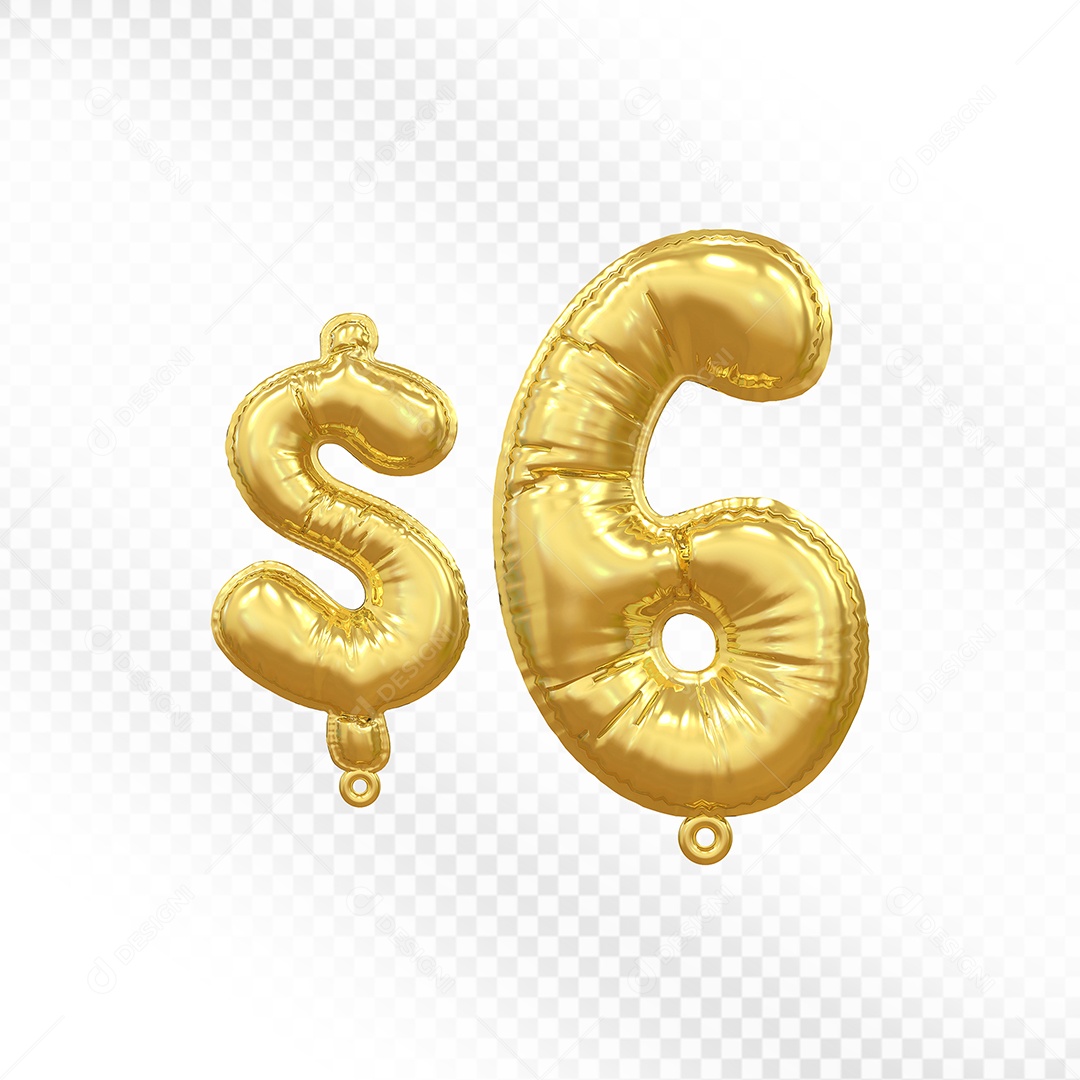Balão de Número 6$ Dourado Elemento 3D Para Composição PSD