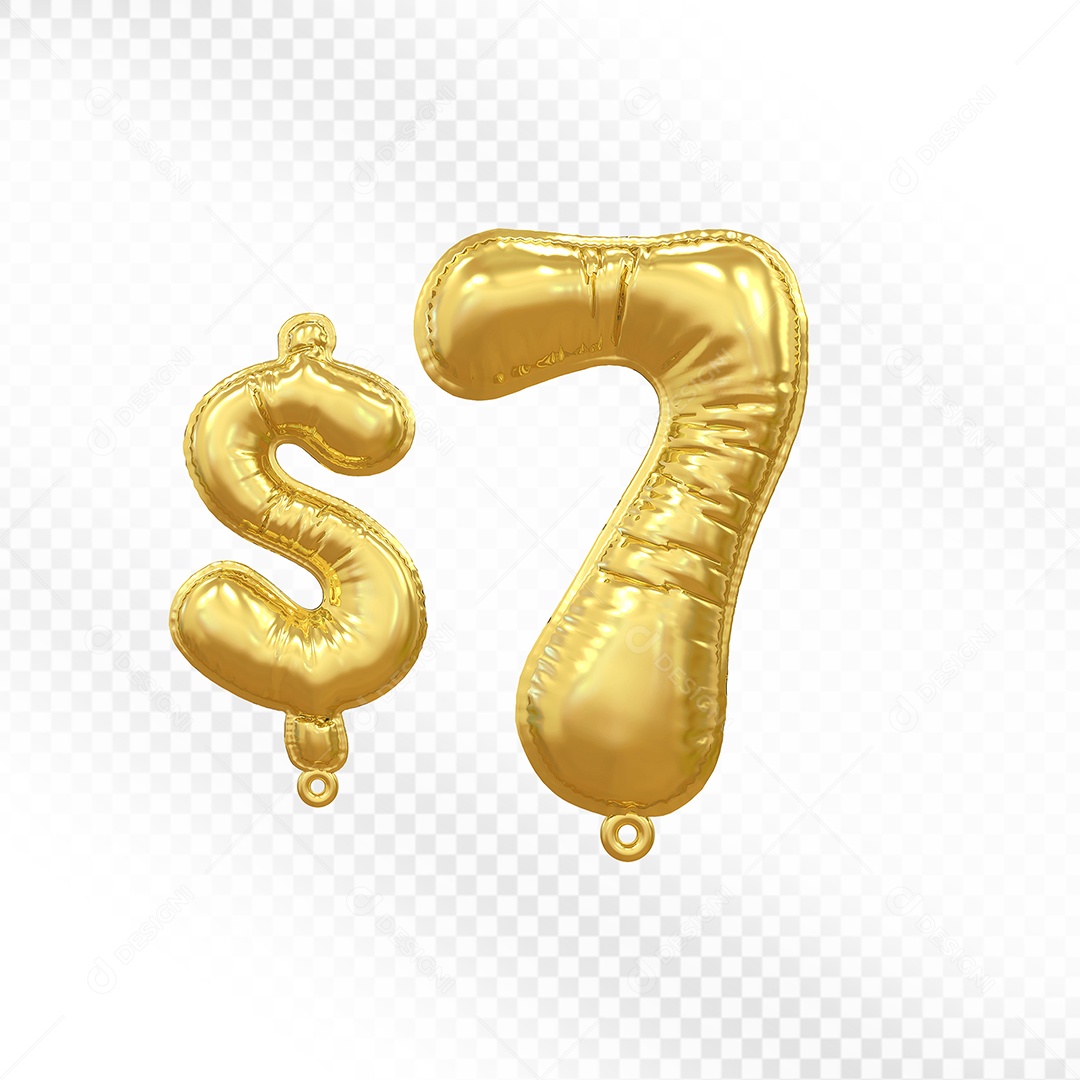 Balão de Número 7$ Dourado Elemento 3D Para Composição PSD