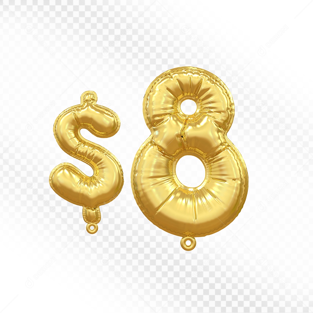 Balão de Número 8$ Dourado Elemento 3D Para Composição PSD