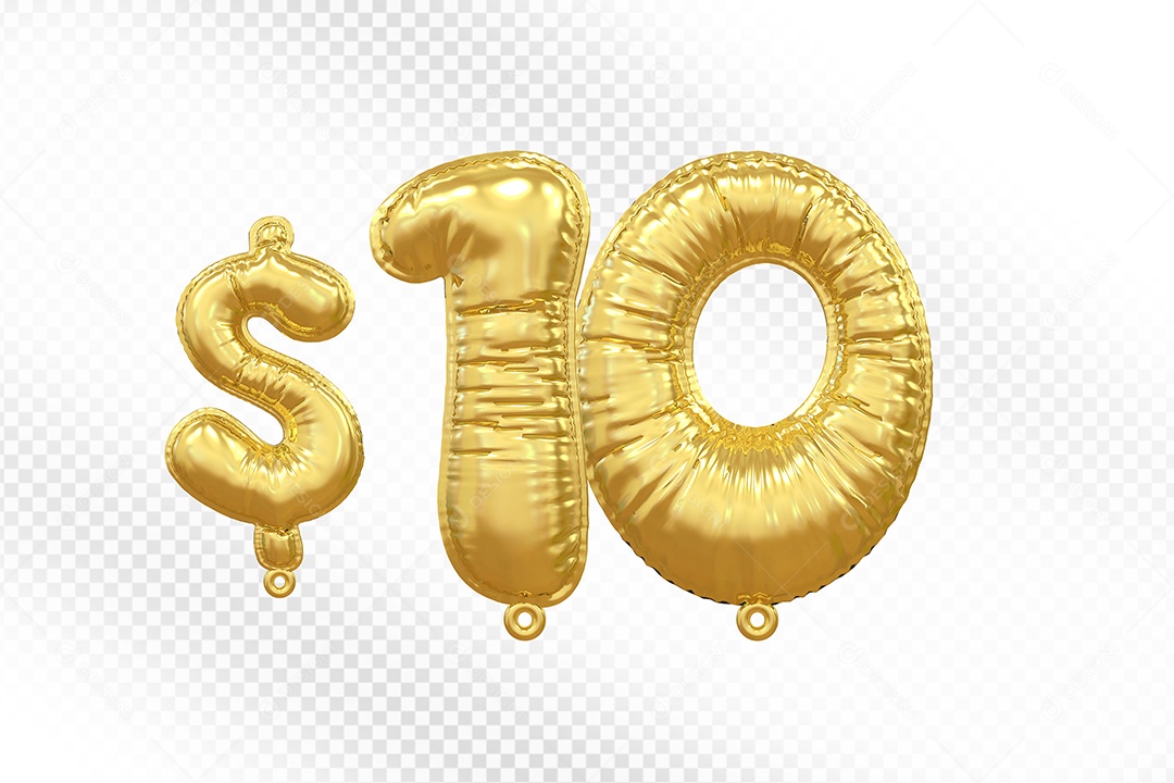 Balão de Número 10$ Dourado Elemento 3D Para Composição PSD