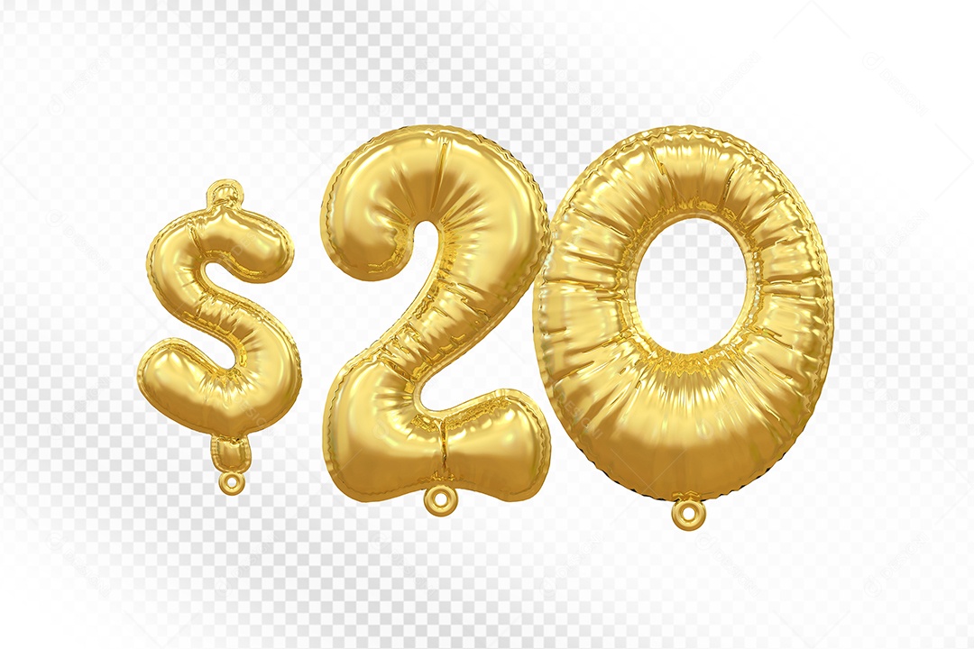 Balão de Número 20$ Dourado Elemento 3D Para Composição PSD