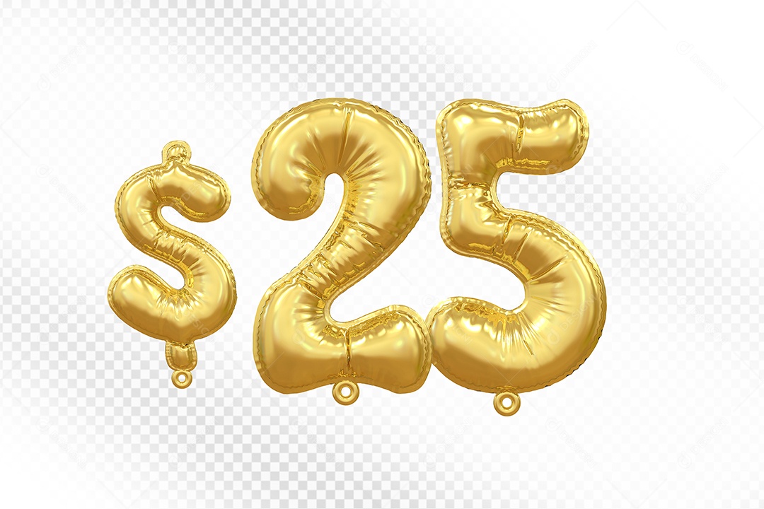 Balão de Número 25$ Dourado Elemento 3D Para Composição PSD