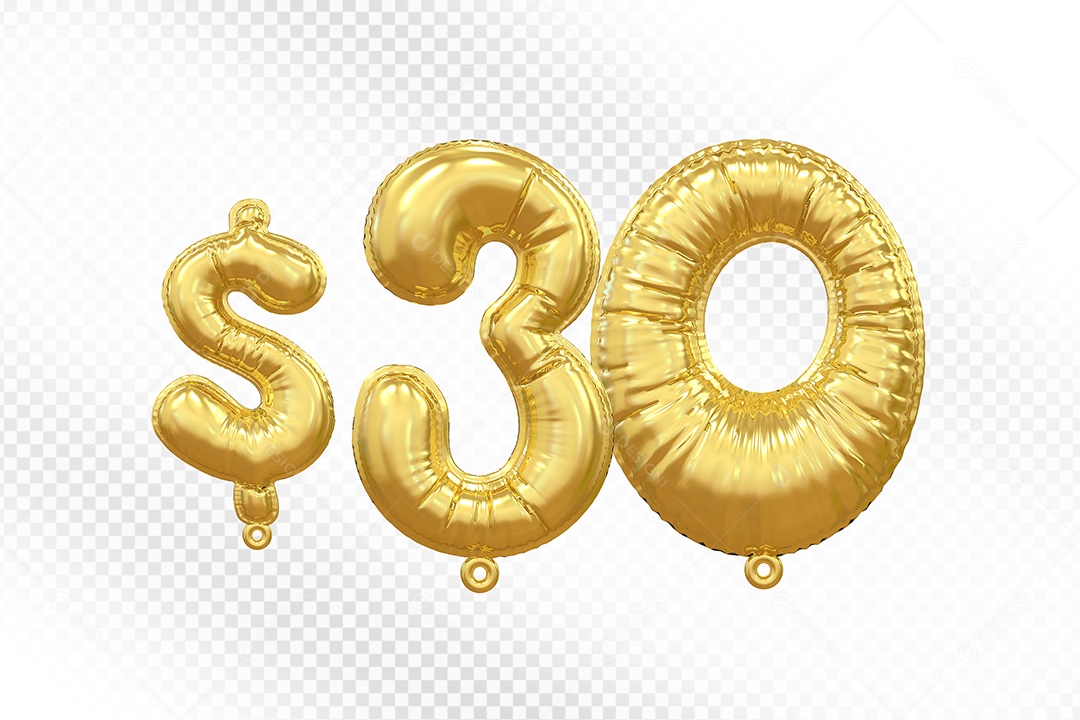 Balão de Número 30$ Dourado Elemento 3D Para Composição PSD