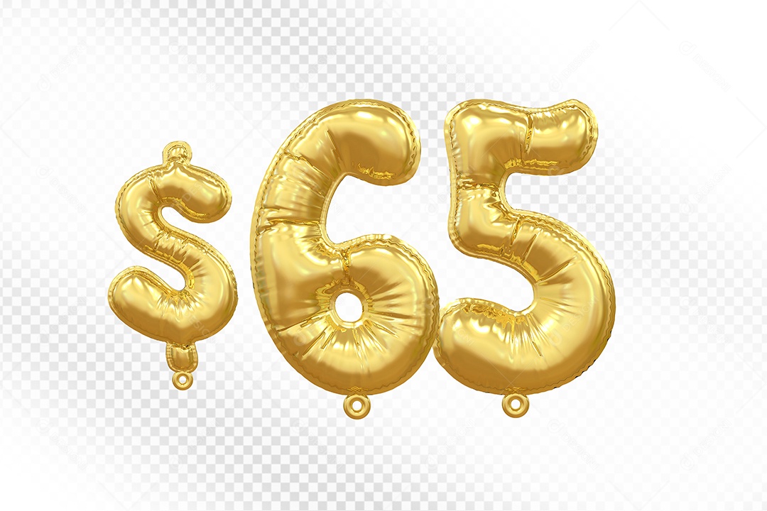Balão de Número 65$ Dourado Elemento 3D Para Composição PSD