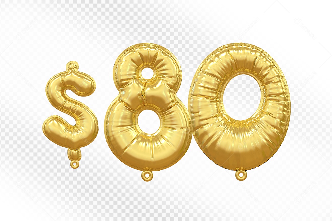 Balão de Número 80$ Dourado Elemento 3D  Para Composição PSD