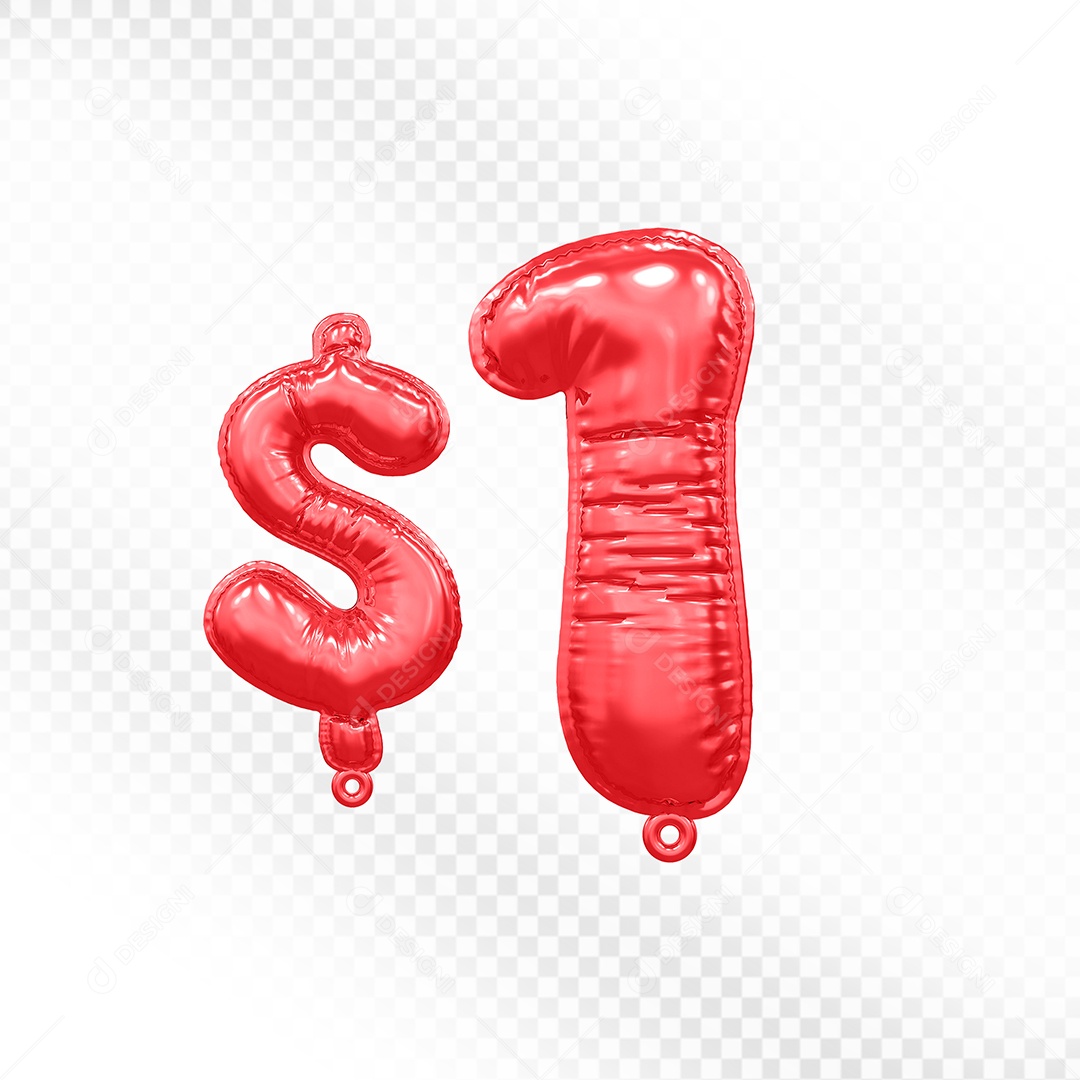 Balão de Número 1$ Vermelho Elemento 3D  Para Composição PSD