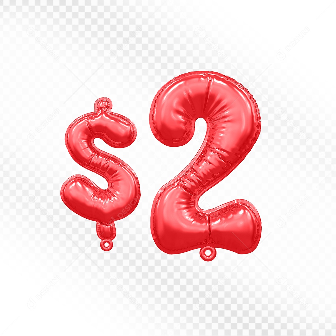 Balão de Número 2$ Vermelho Elemento 3D  Para Composição PSD