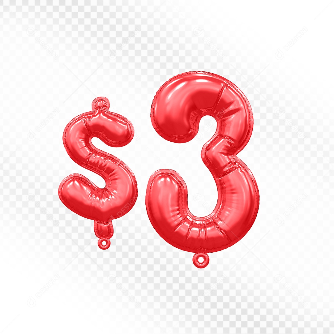 Balão de Número 3$ Vermelho Elemento 3D  Para Composição PSD