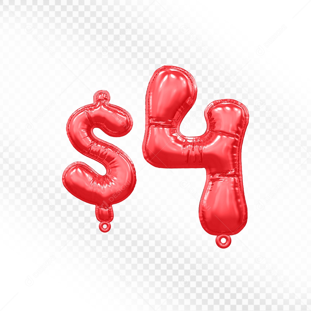 Balão de Número 4$ Vermelho Elemento 3D  Para Composição PSD