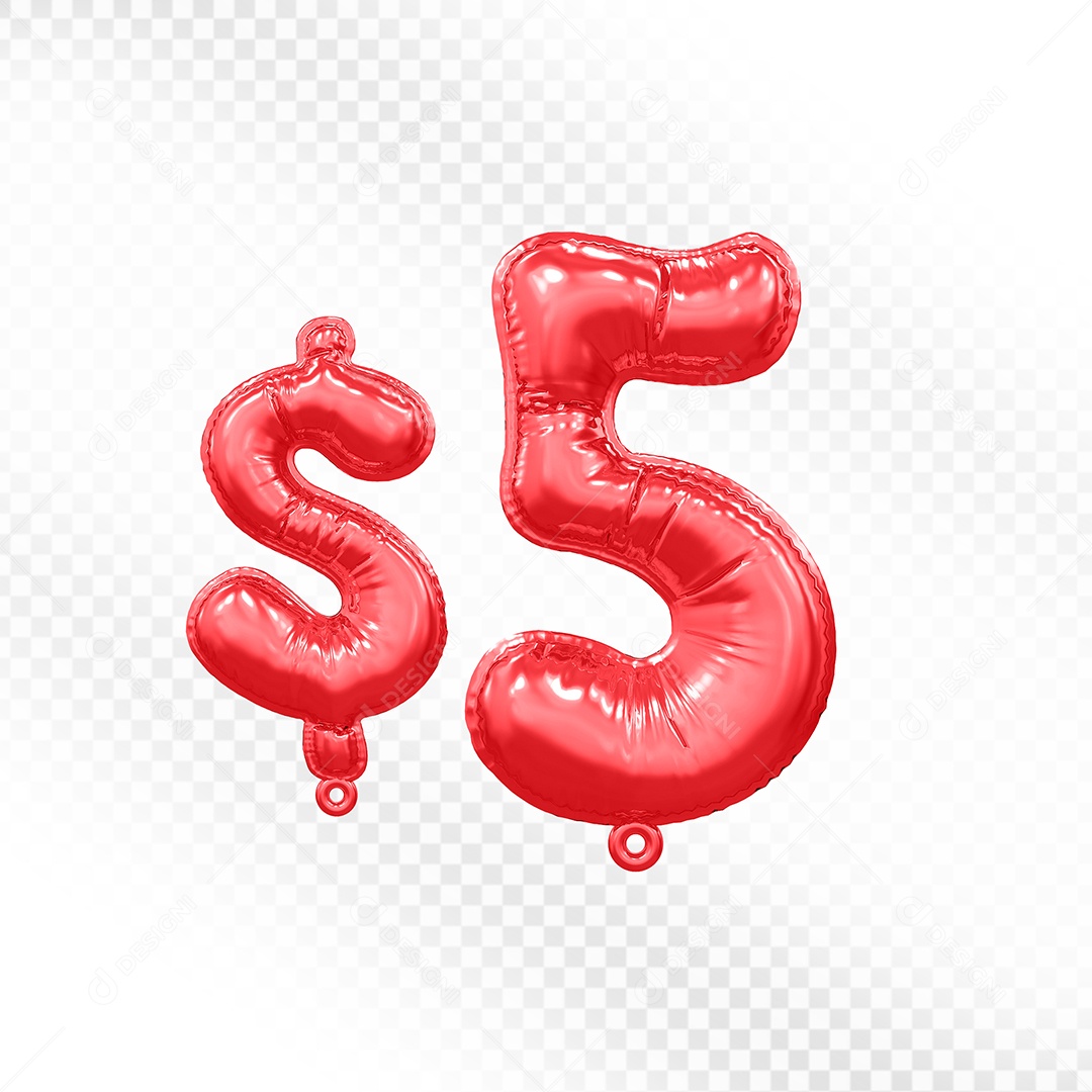 Balão de Número 5$ Vermelho Elemento 3D  Para Composição PSD