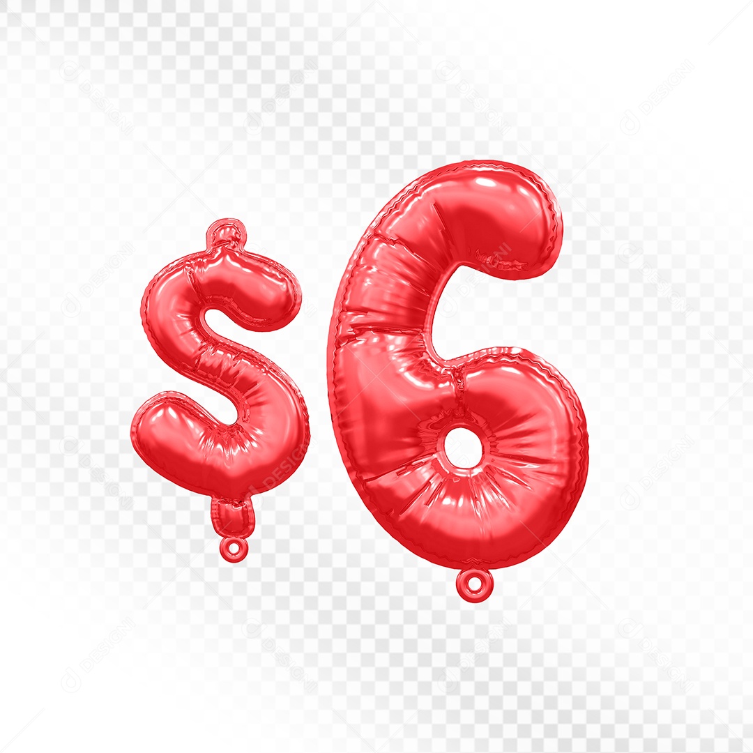 Balão de Número 6$ Vermelho Elemento 3D  Para Composição PSD