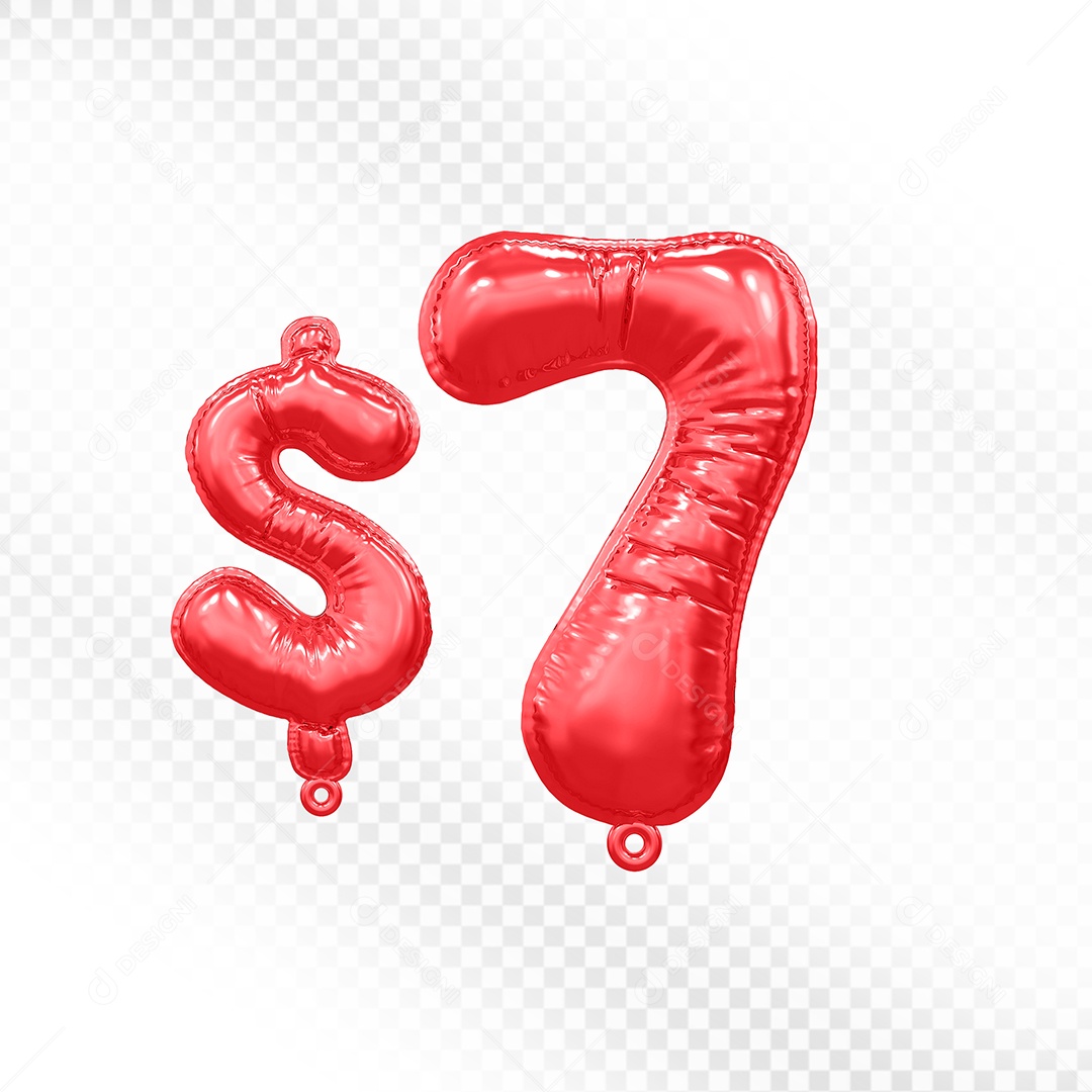 Balão de Número 7$ Vermelho Elemento 3D  Para Composição PSD