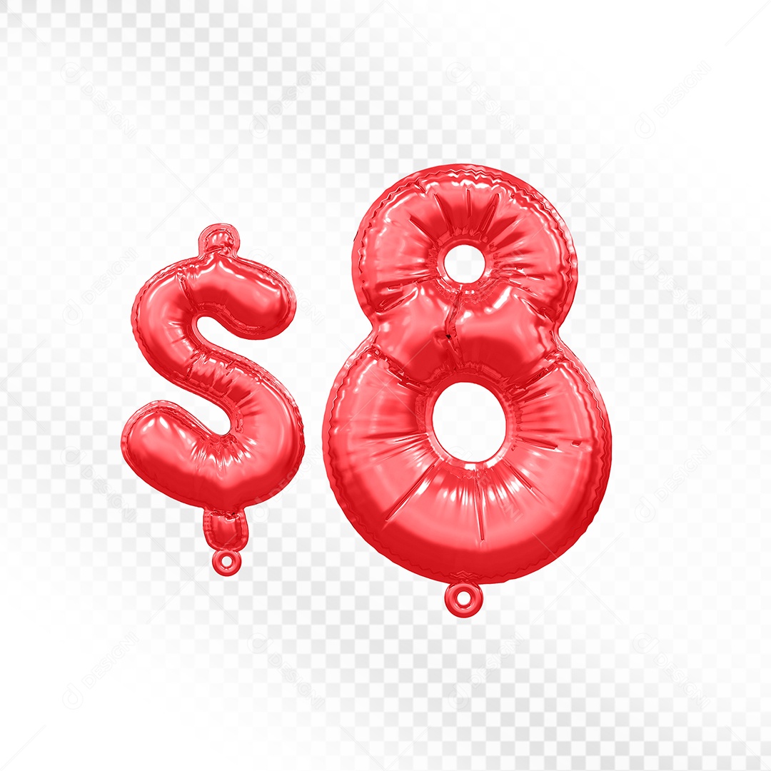 Balão de Número 8$ Vermelho Elemento 3D  Para Composição PSD